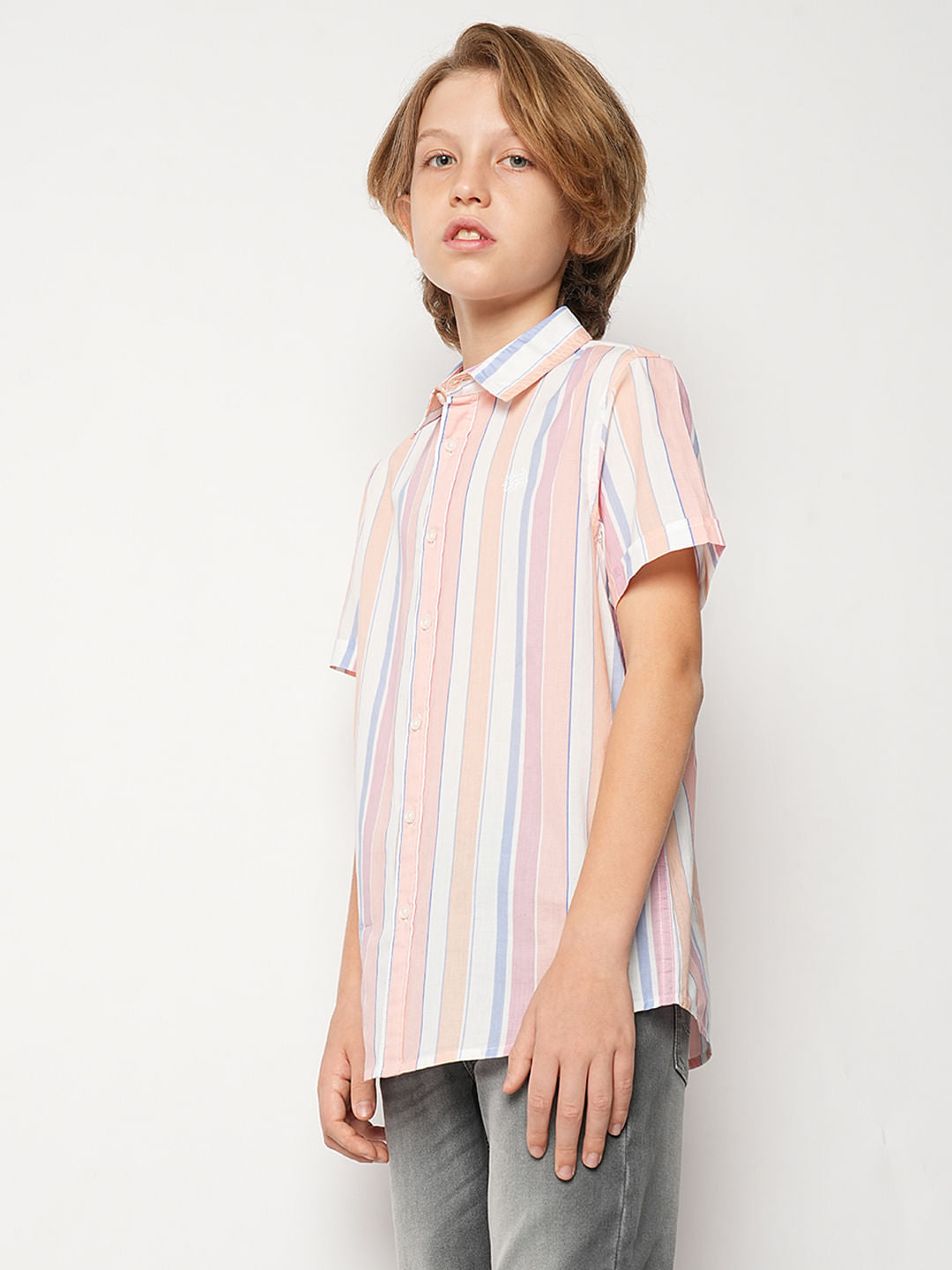 Boys Pink Striped Short Sleeves Shirt