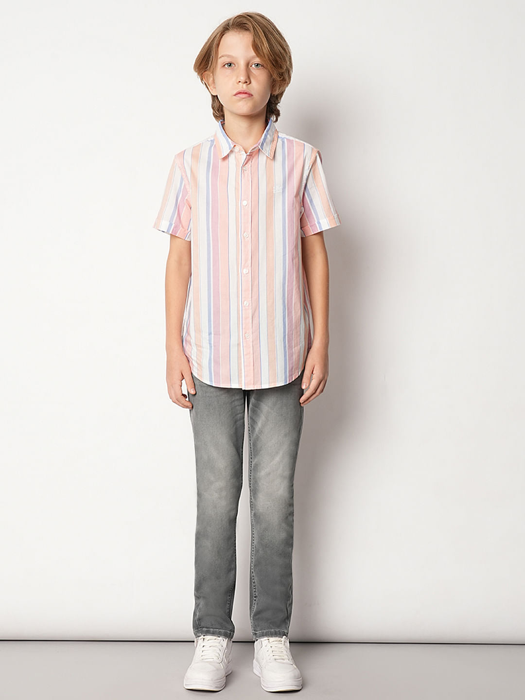 Boys Pink Striped Short Sleeves Shirt