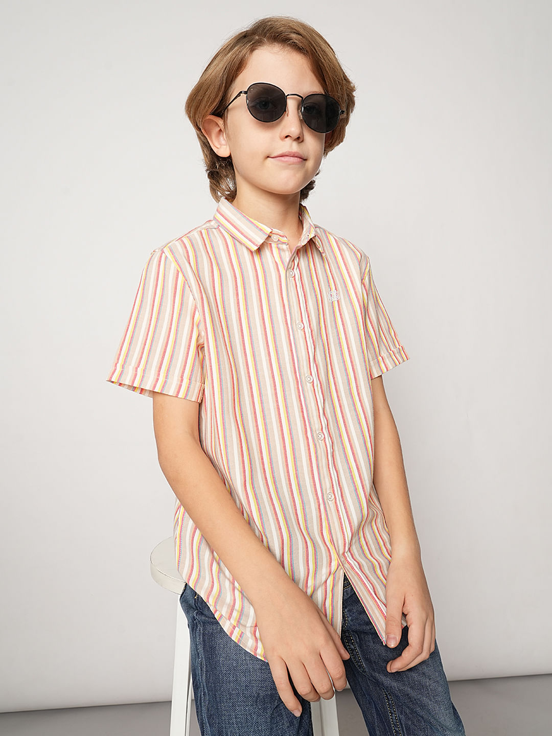 Boys Beige Striped Short Sleeves Shirt - 6/7Y