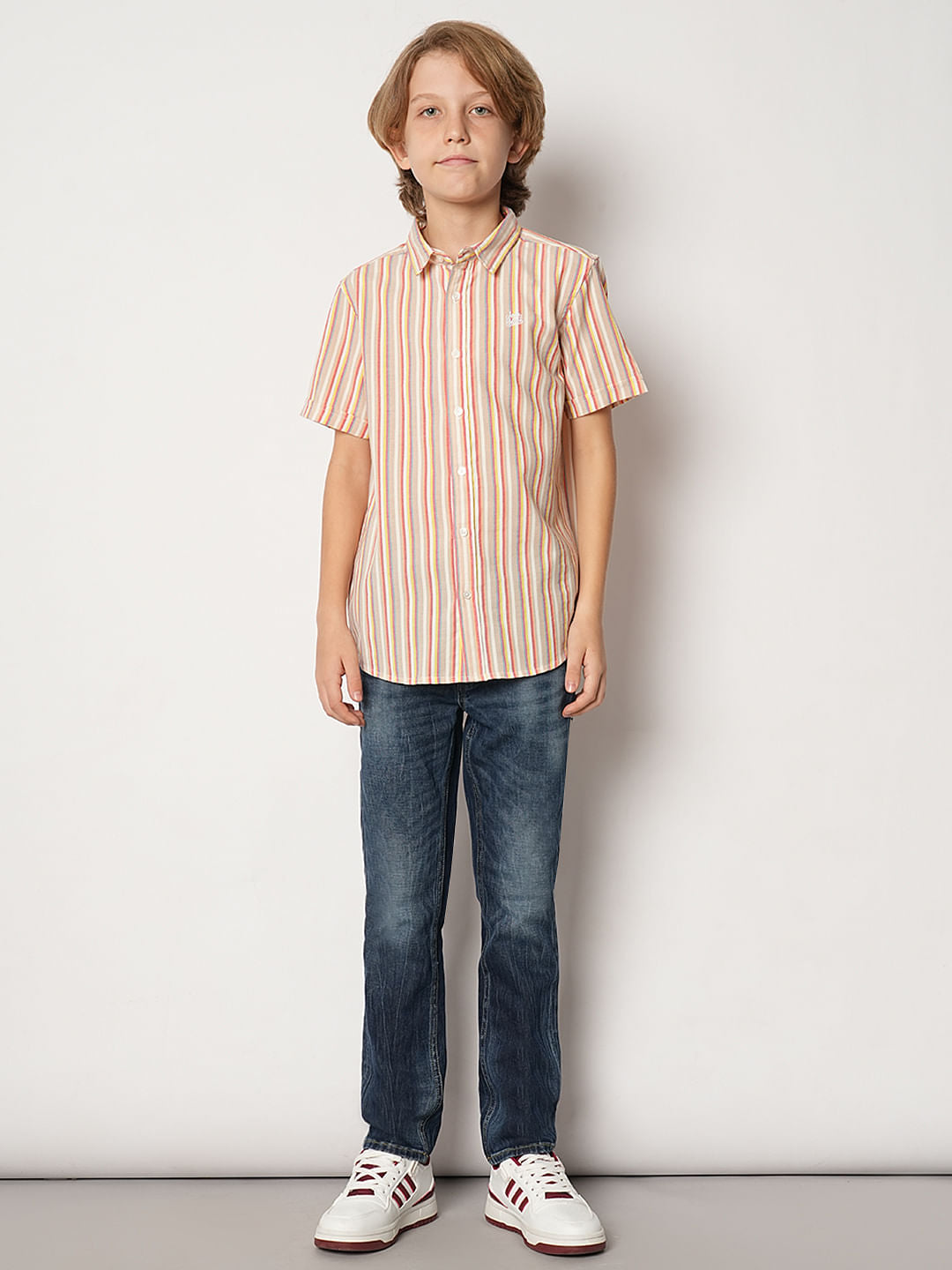 Boys Beige Striped Short Sleeves Shirt