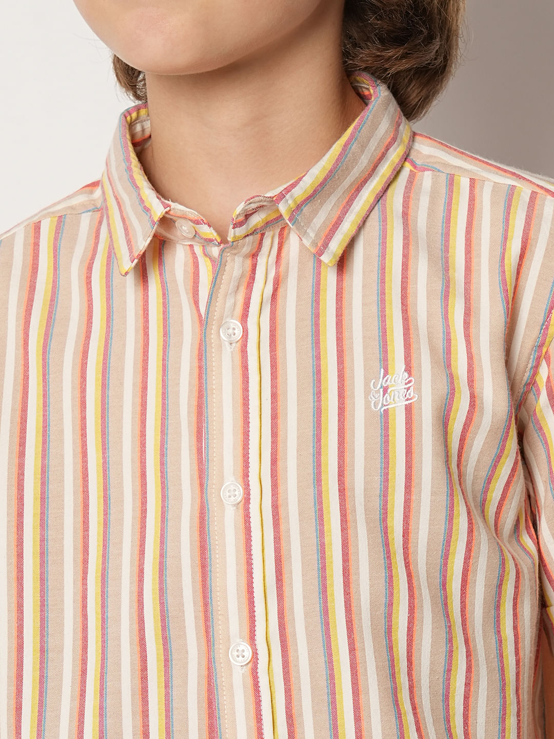 Boys Beige Striped Short Sleeves Shirt