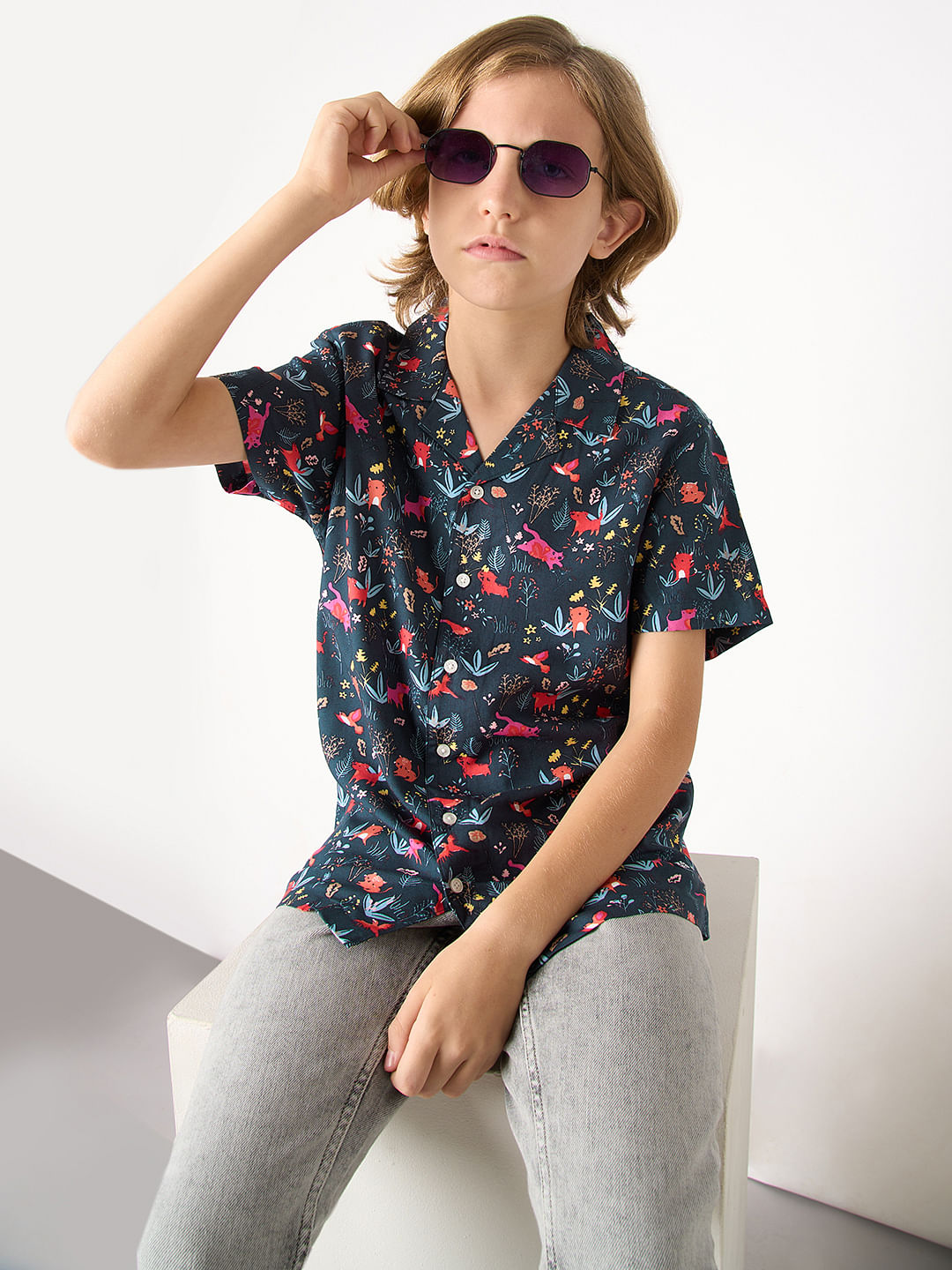 Boys Blue Printed Short Sleeves Shirt