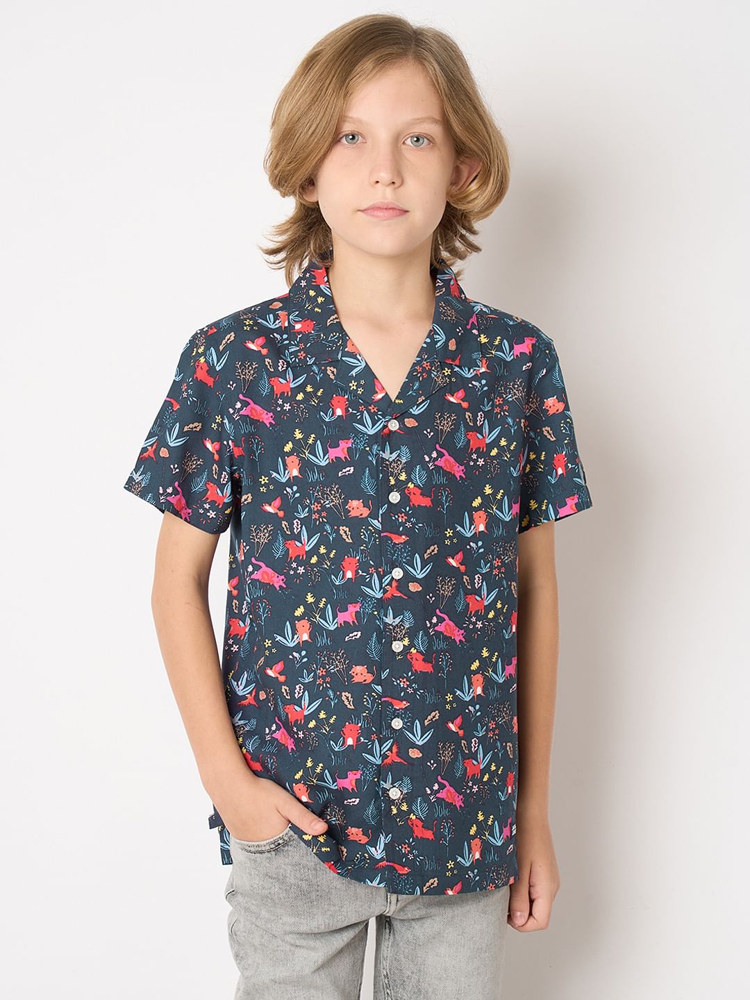 Boys Blue Printed Short Sleeves Shirt