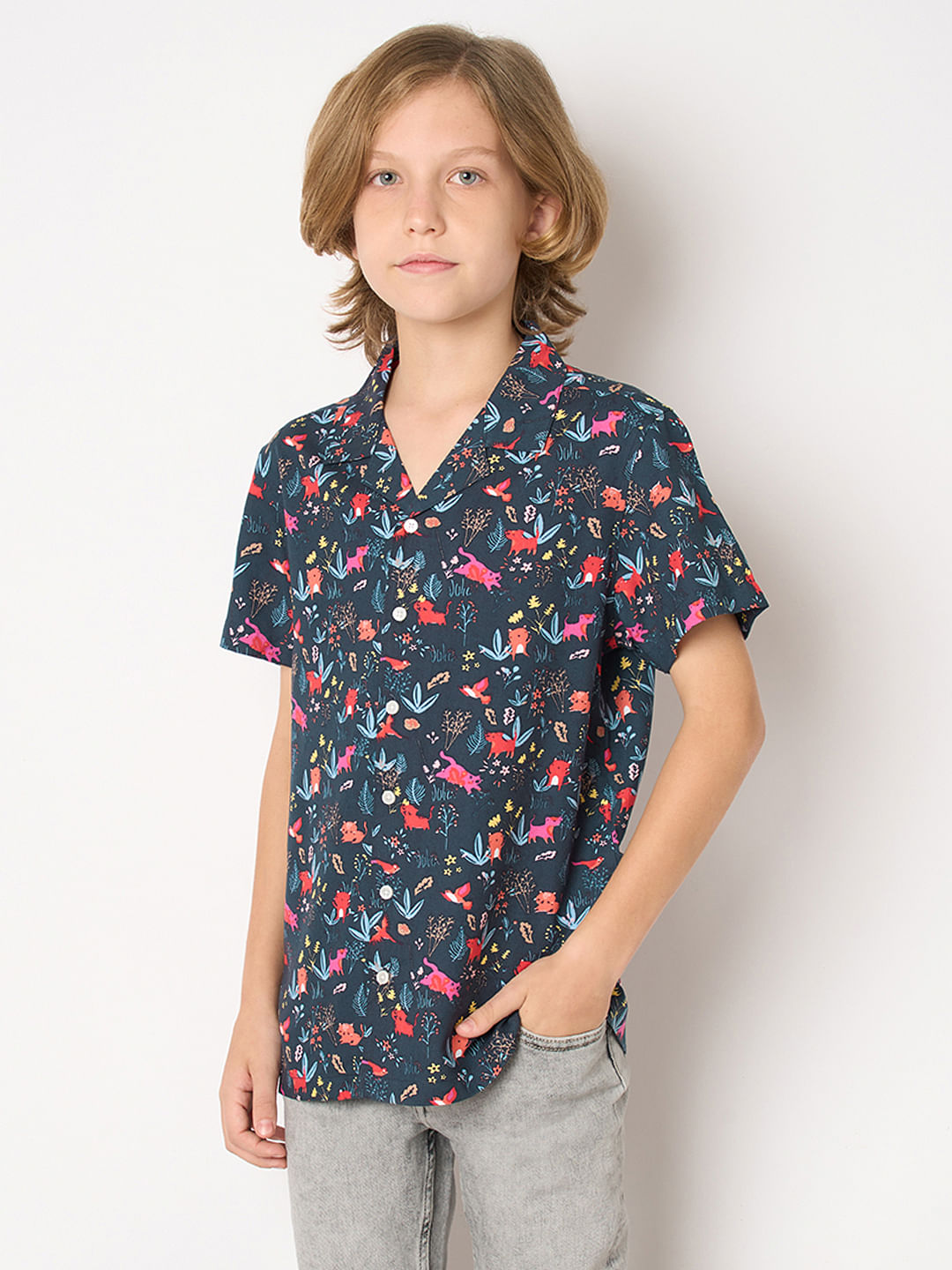 Boys Blue Printed Short Sleeves Shirt