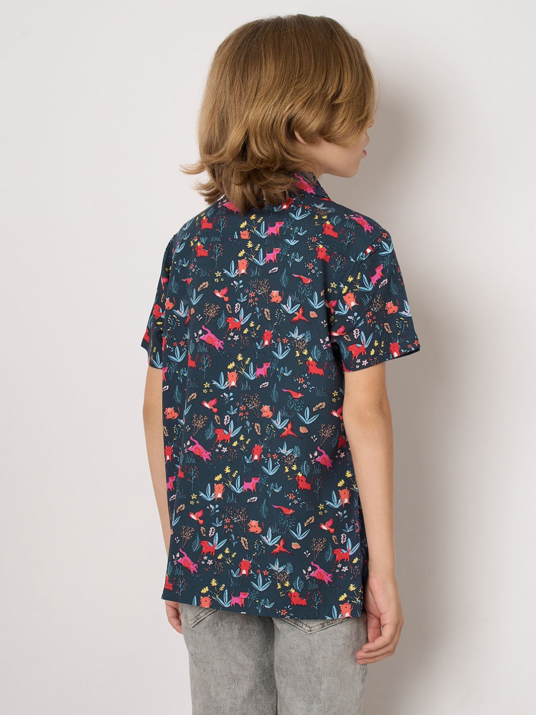 Boys Blue Printed Short Sleeves Shirt