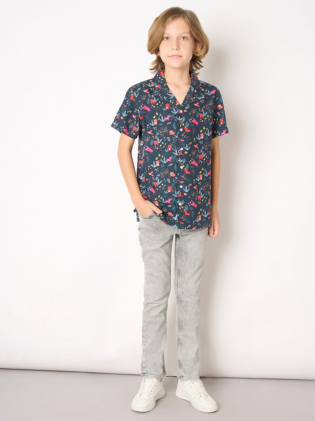 Boys Blue Printed Short Sleeves Shirt
