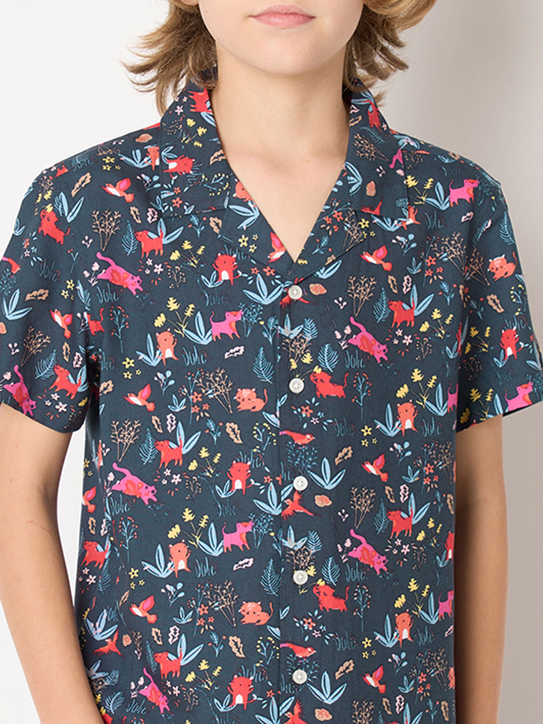 Boys Blue Printed Short Sleeves Shirt