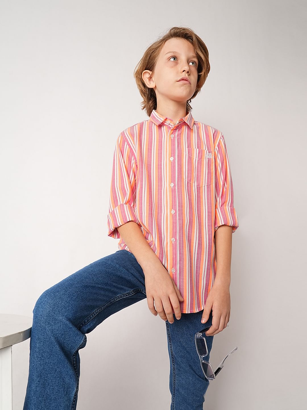 Peach Striped Full Sleeves Shirt - 4/5Y