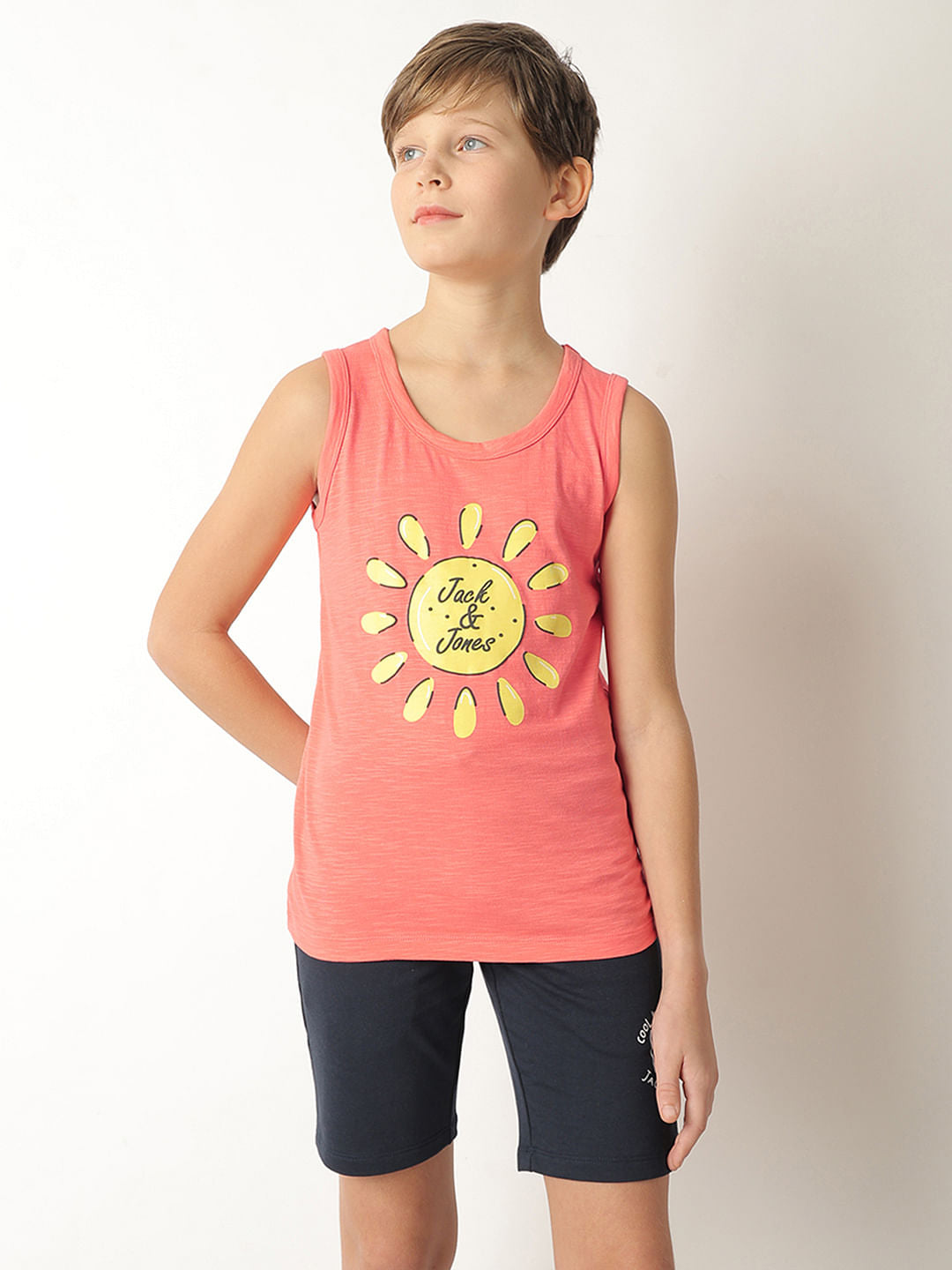 Boys Peach Printed Sleeveless T-shirt