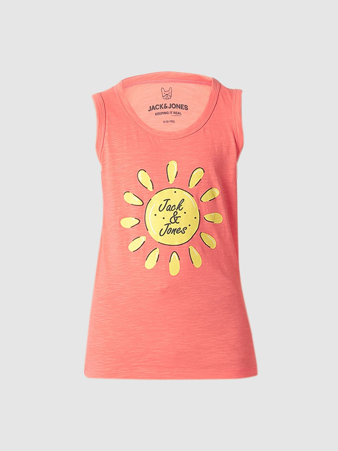 Boys Peach Printed Sleeveless T-shirt