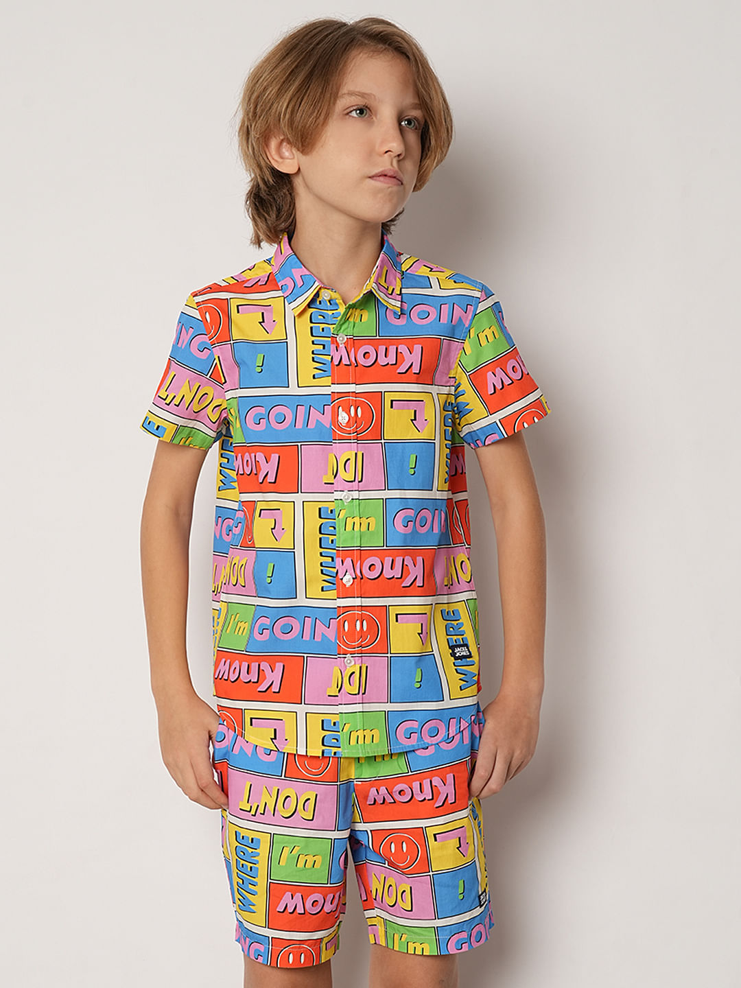 Boys Yellow Printed Co-ord Set Shirt