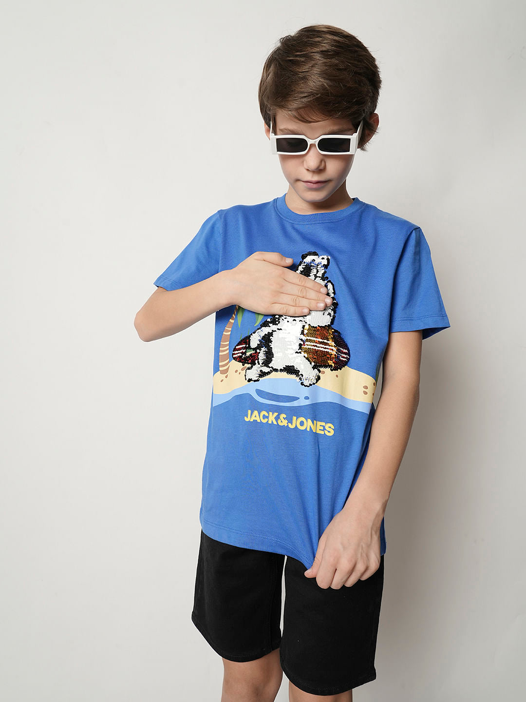 Boys Blue Sequined Graphic T-shirt