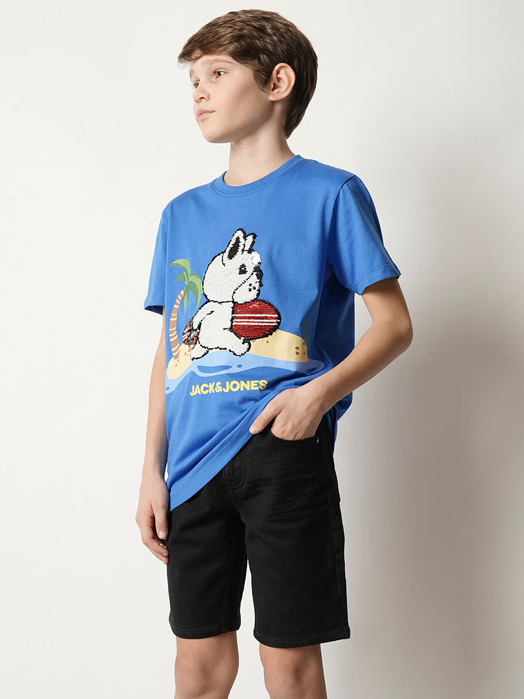 Boys Blue Sequined Graphic T-shirt