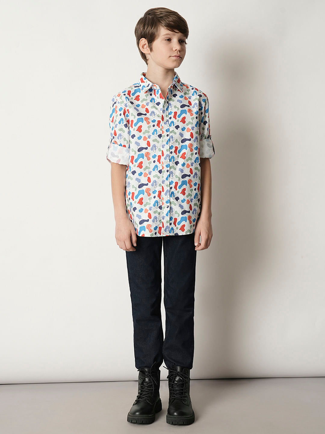 Boys White Printed Full Sleeves Shirt