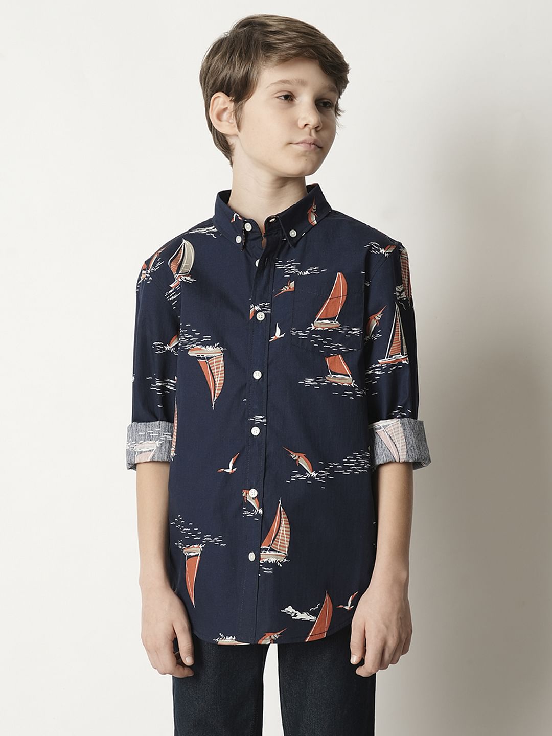 Boys Blue Boat Print Full Sleeves Shirt