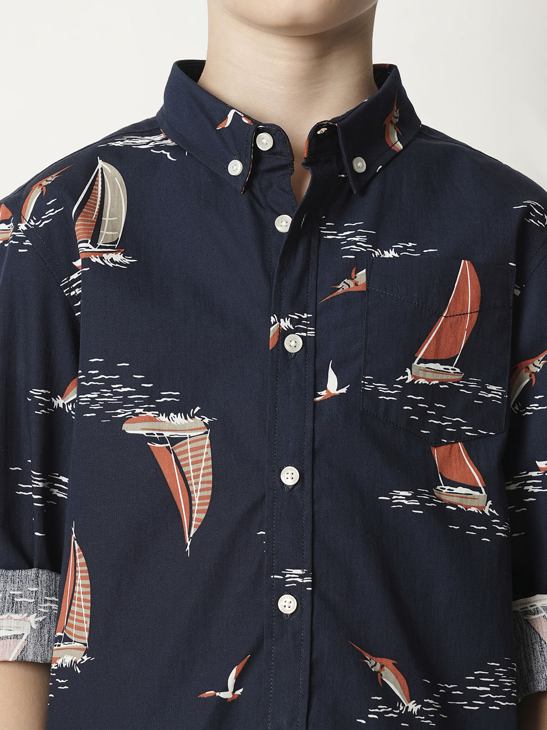 Boys Blue Boat Print Full Sleeves Shirt