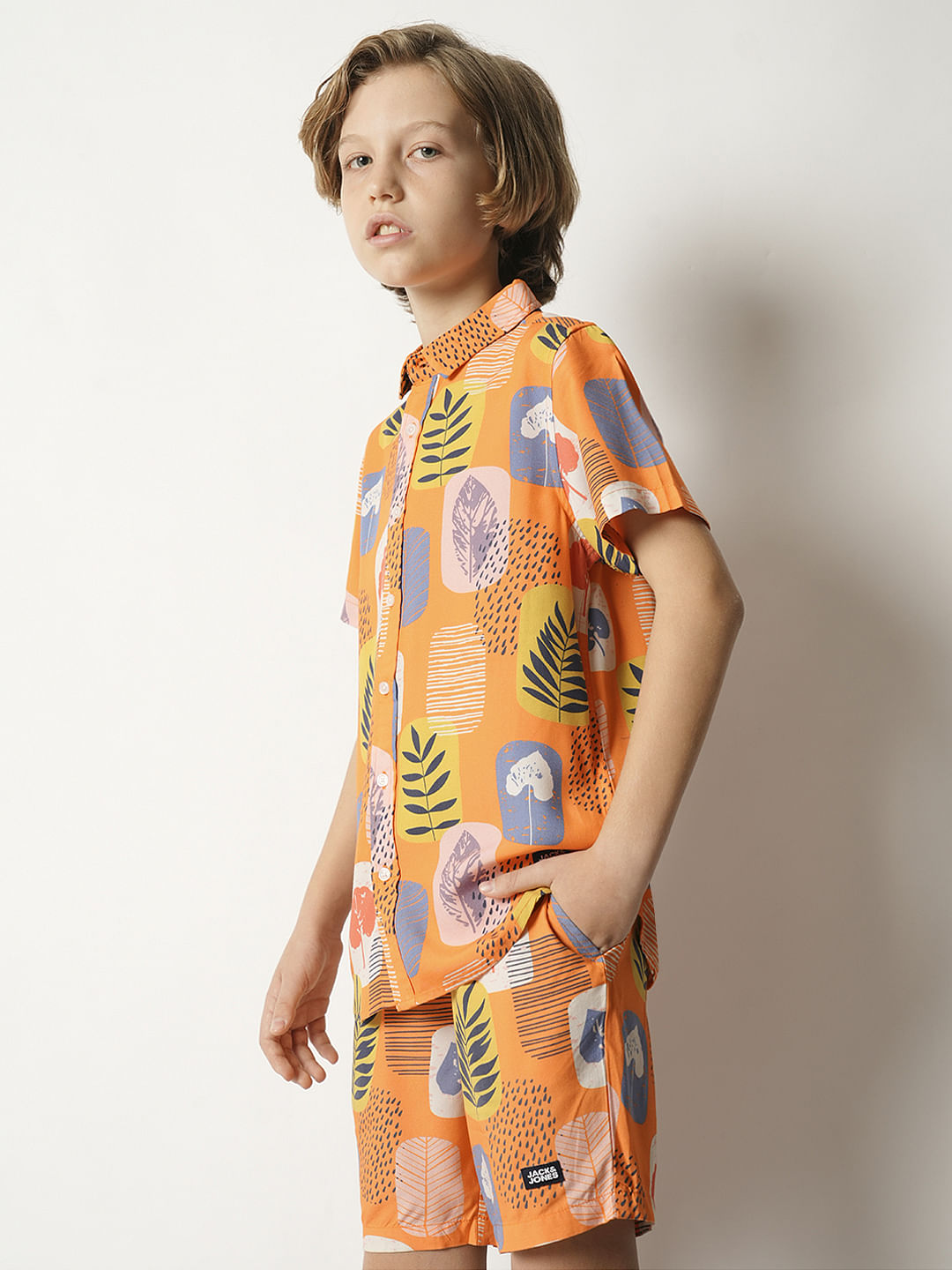 Boys Orange Tropical Print Co-ord Set Shirt