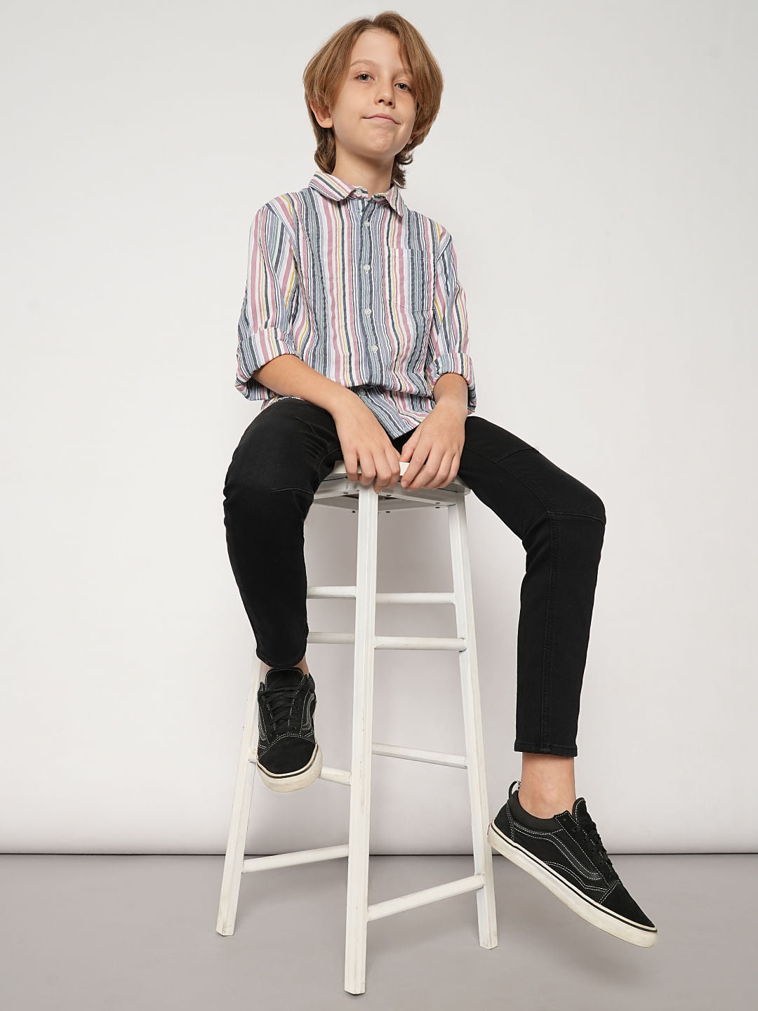 Boys White Striped Full Sleeves Shirt - 9/10Y