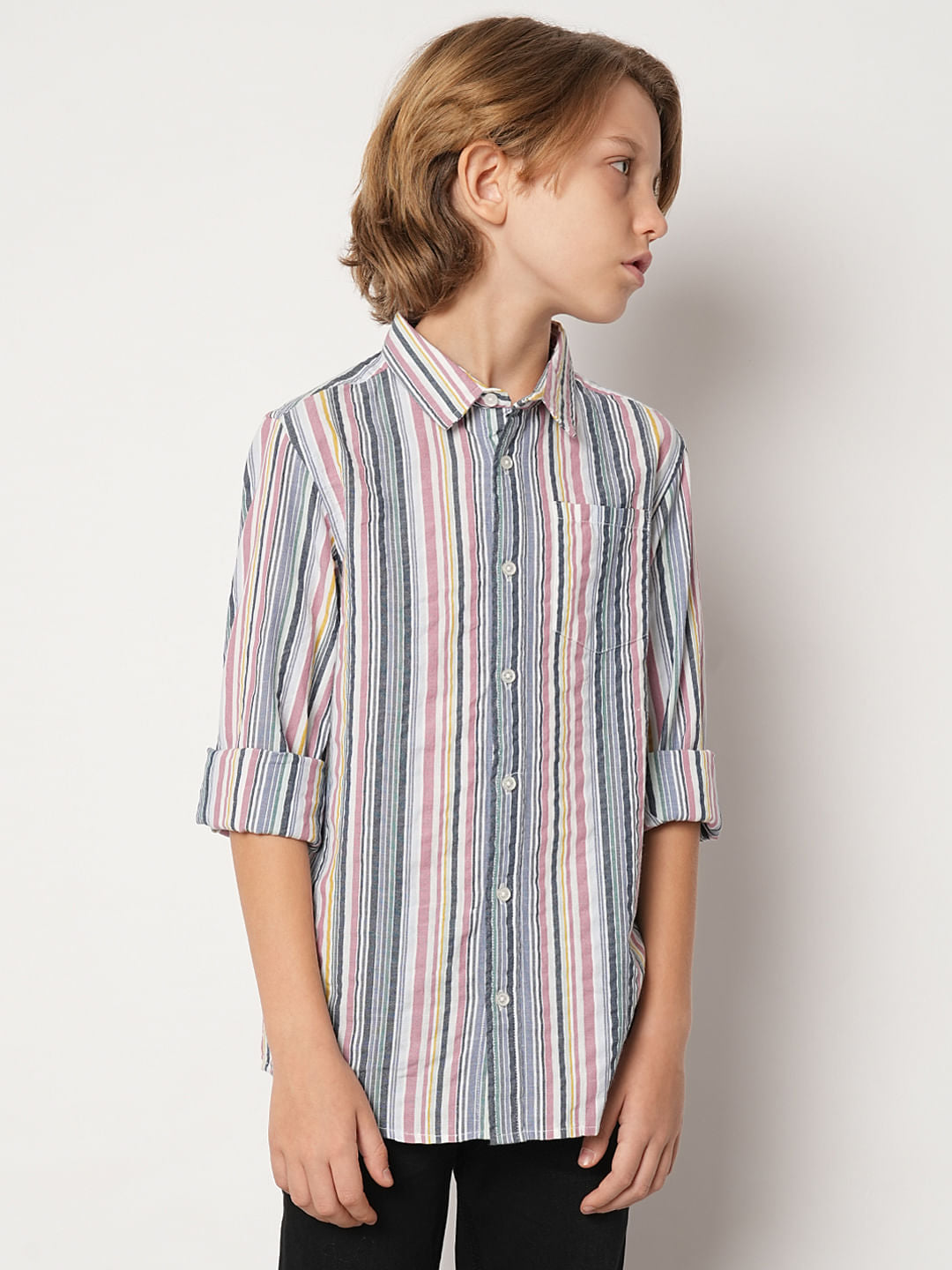 Boys White Striped Full Sleeves Shirt