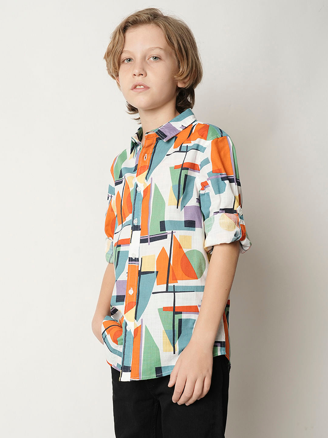Boys Orange Abstract Print Full Sleeves Shirt