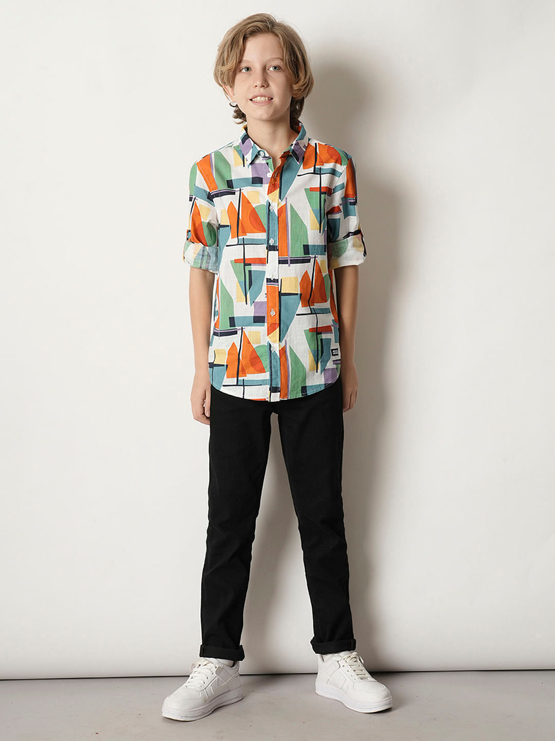 Boys Orange Abstract Print Full Sleeves Shirt