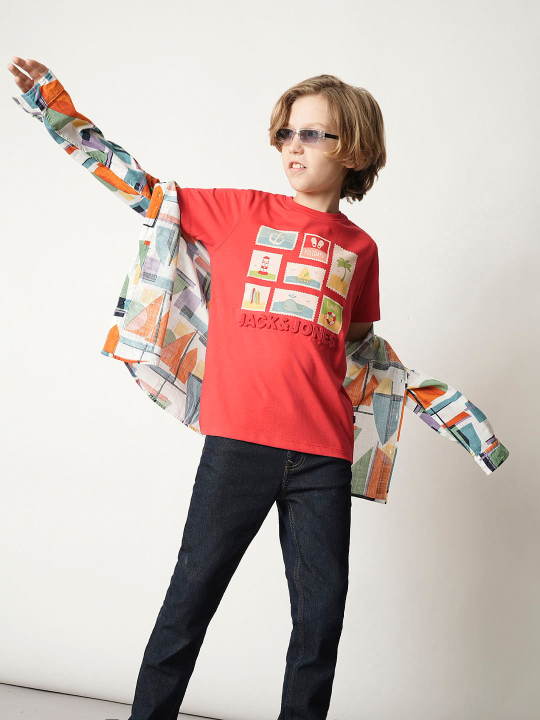 Boys Red Stamp Print Crew Neck T-shirt