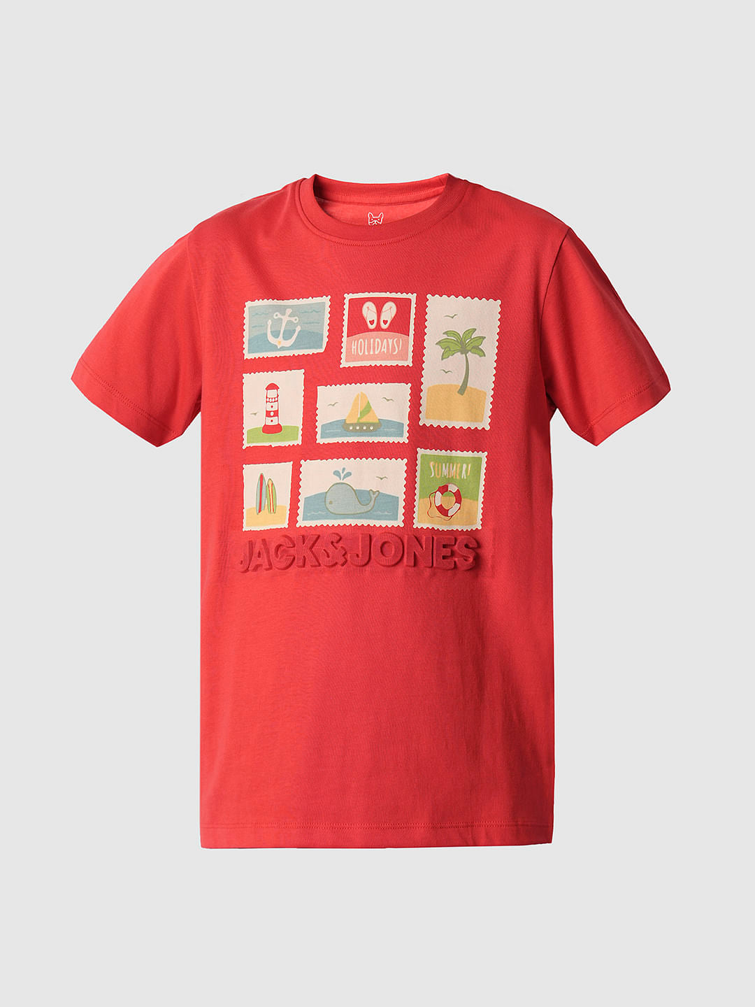 Boys Red Stamp Print Crew Neck T-shirt