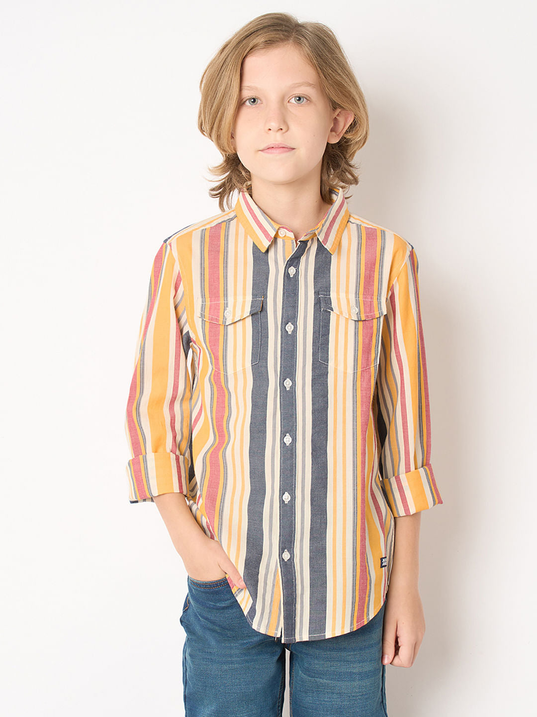 Boys Yellow Striped Full Sleeves Shirt