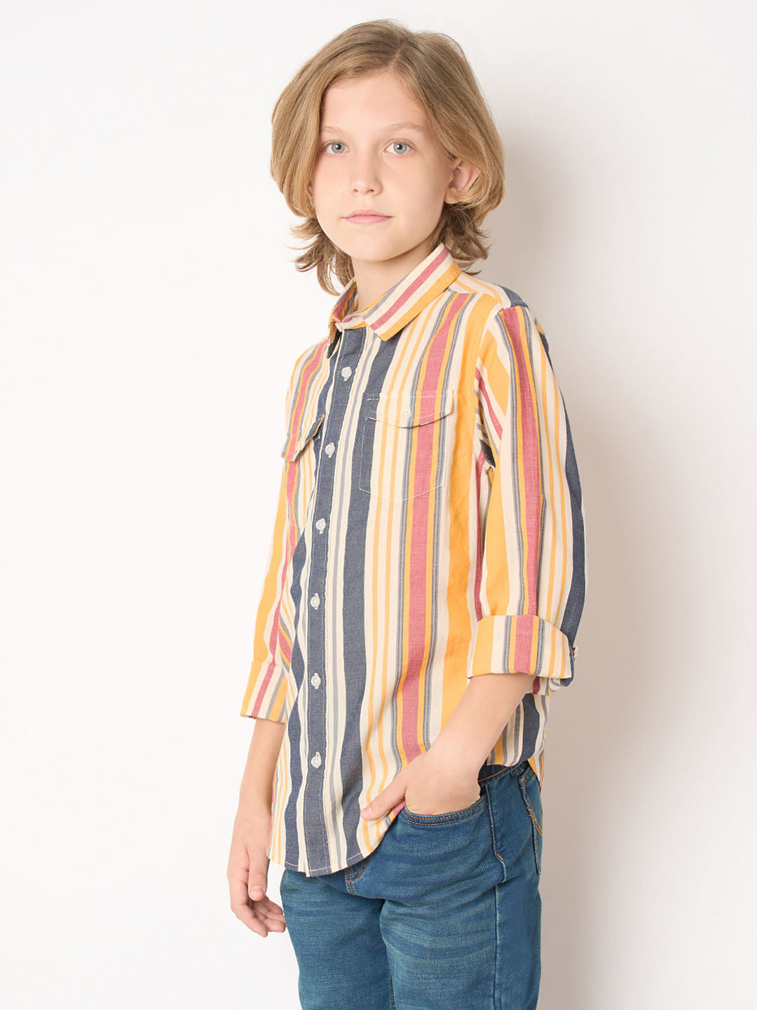 Boys Yellow Striped Full Sleeves Shirt