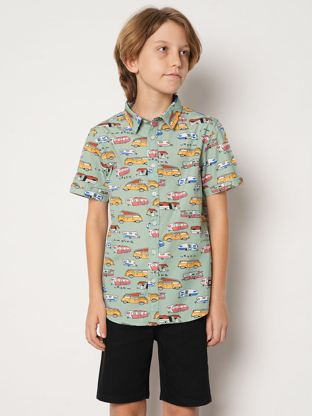 Boys Blue Green Car Print Shirt