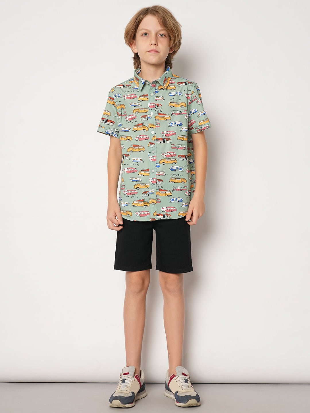 Boys Blue Green Car Print Shirt