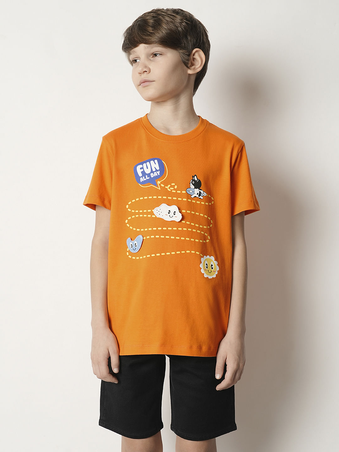 Boys Orange Motif Print T-shirt