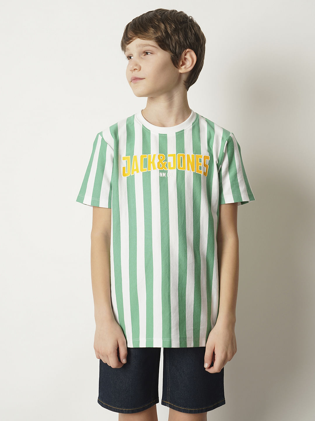Boys Green Striped Crew Neck T-shirt