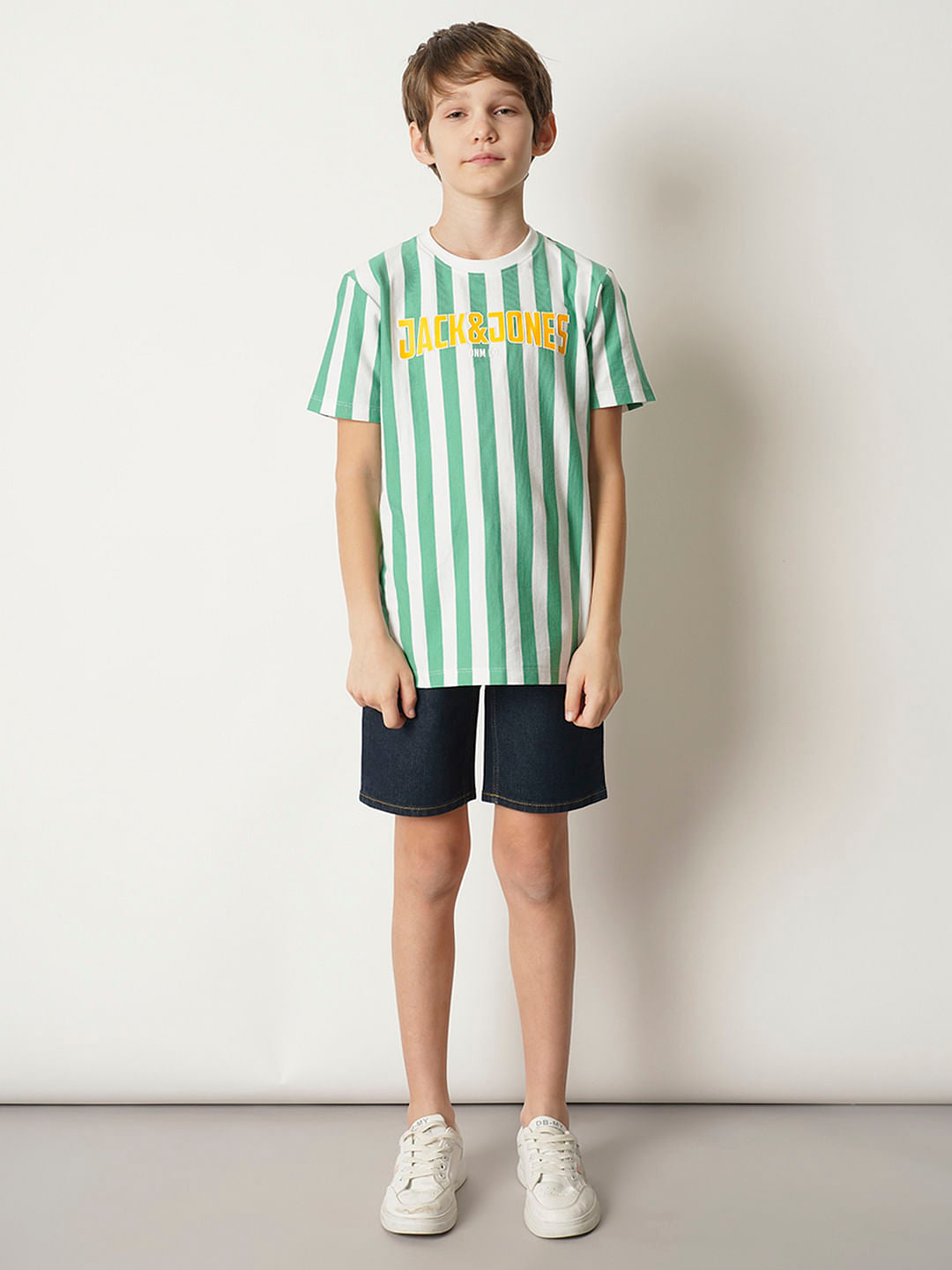 Boys Green Striped Crew Neck T-shirt