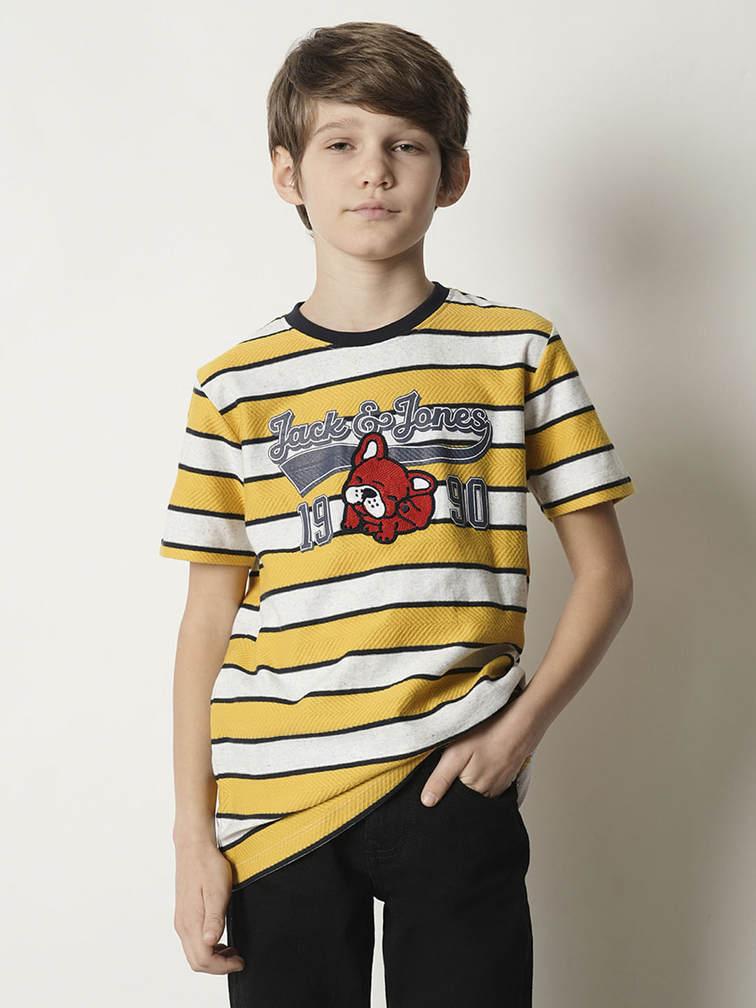 Boys Yellow Striped Crew Neck T-shirt
