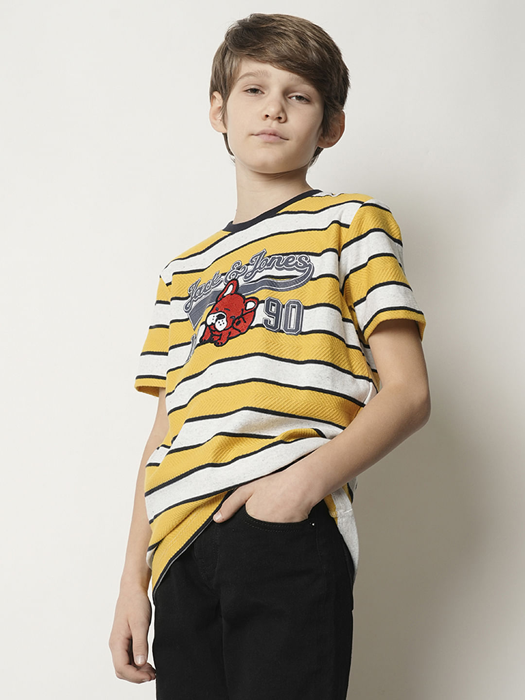 Boys Yellow Striped Crew Neck T-shirt