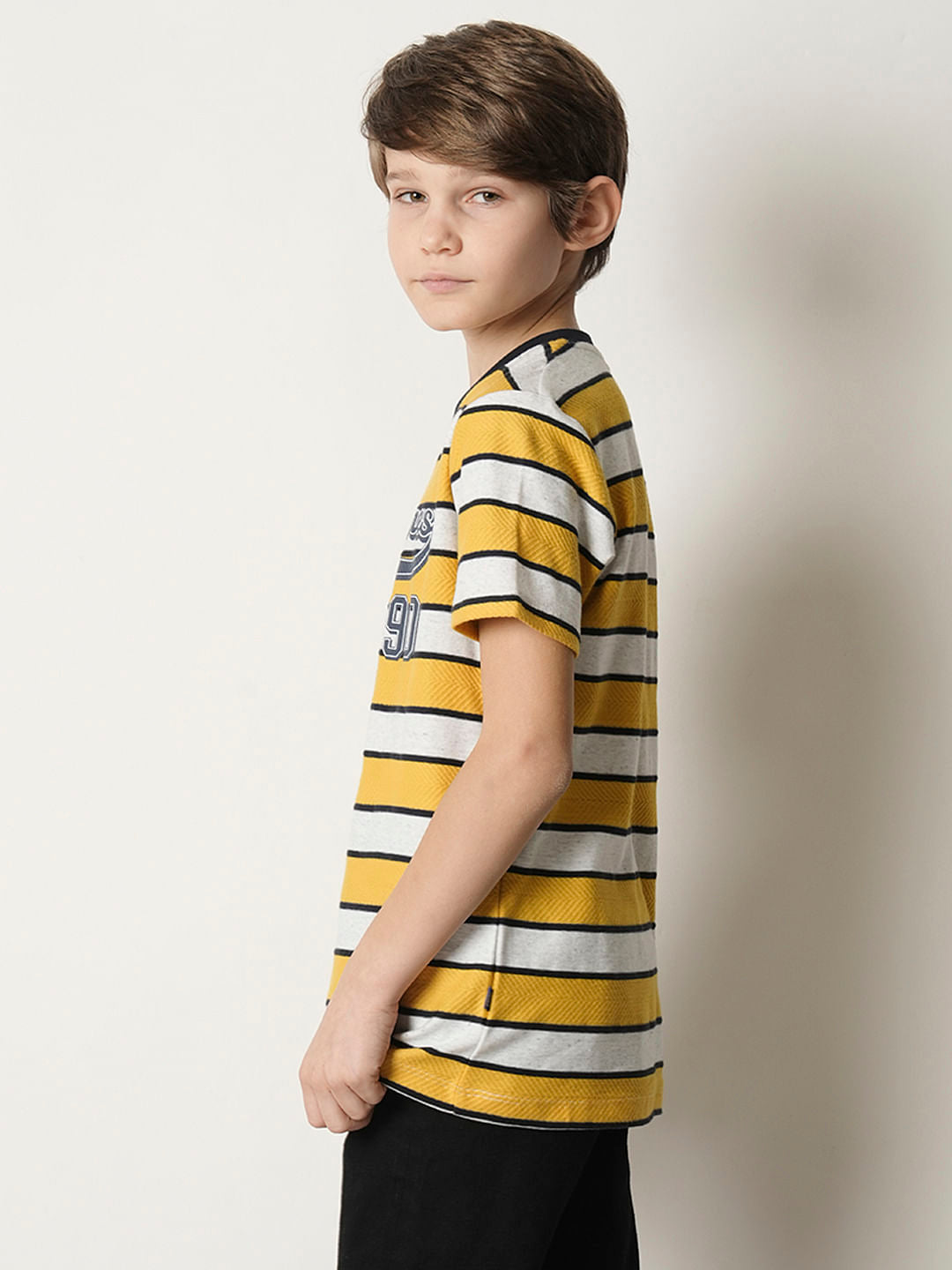 Boys Yellow Striped Crew Neck T-shirt