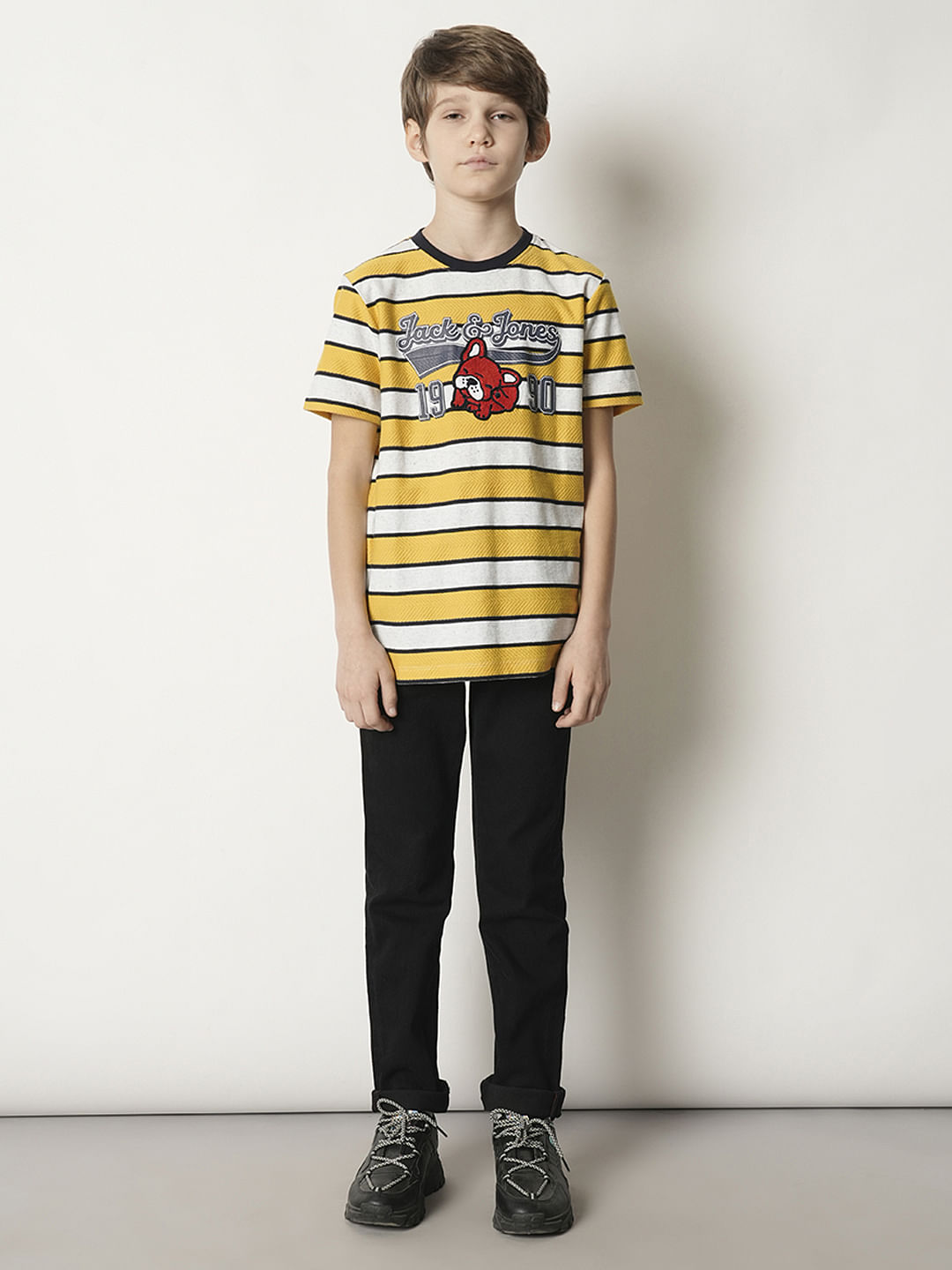 Boys Yellow Striped Crew Neck T-shirt