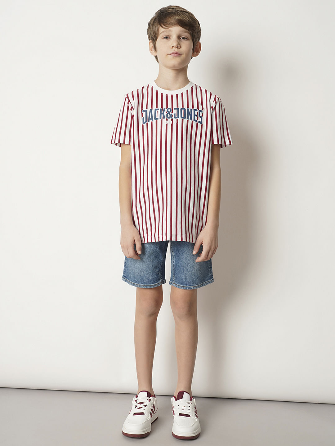 Boys Red Striped Crew Neck T-shirt
