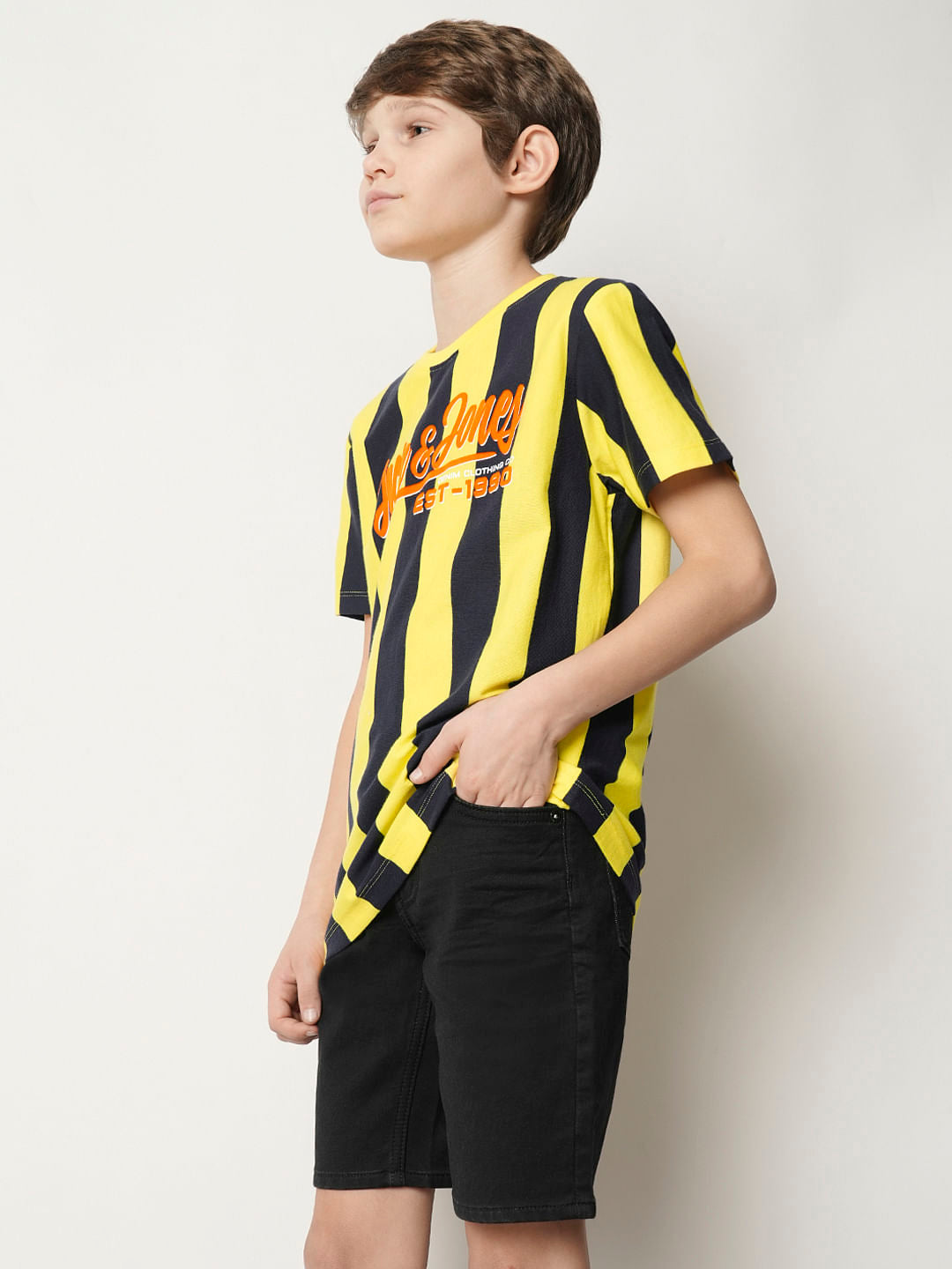 Boys Yellow Striped Crew Neck T-shirt
