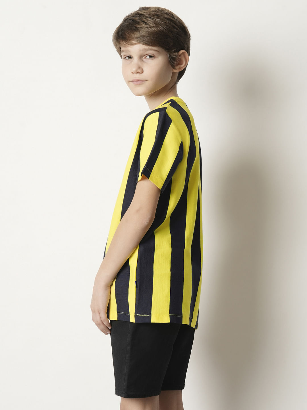 Boys Yellow Striped Crew Neck T-shirt