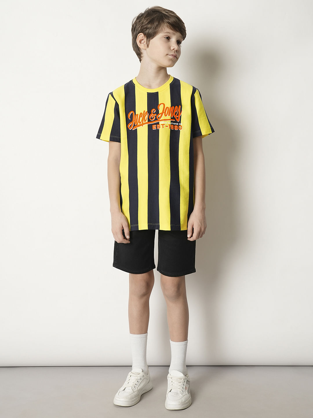 Boys Yellow Striped Crew Neck T-shirt