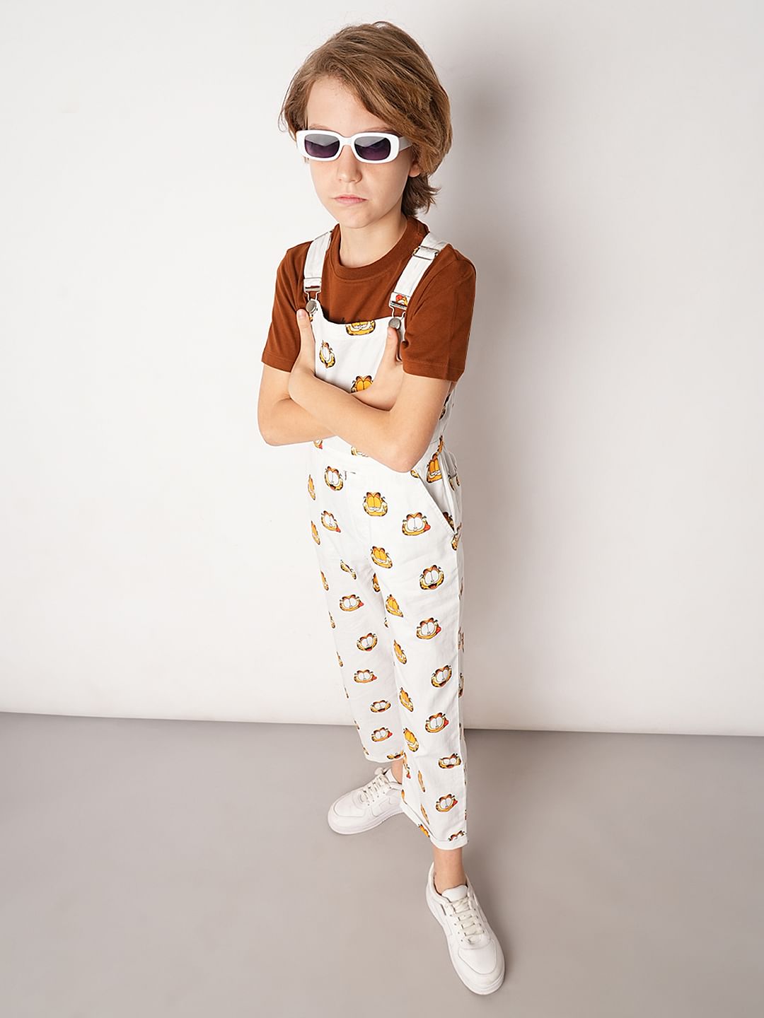 Boys White Garfield Print Dungaree