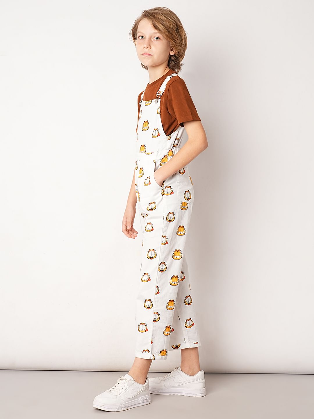 Boys White Garfield Print Dungaree