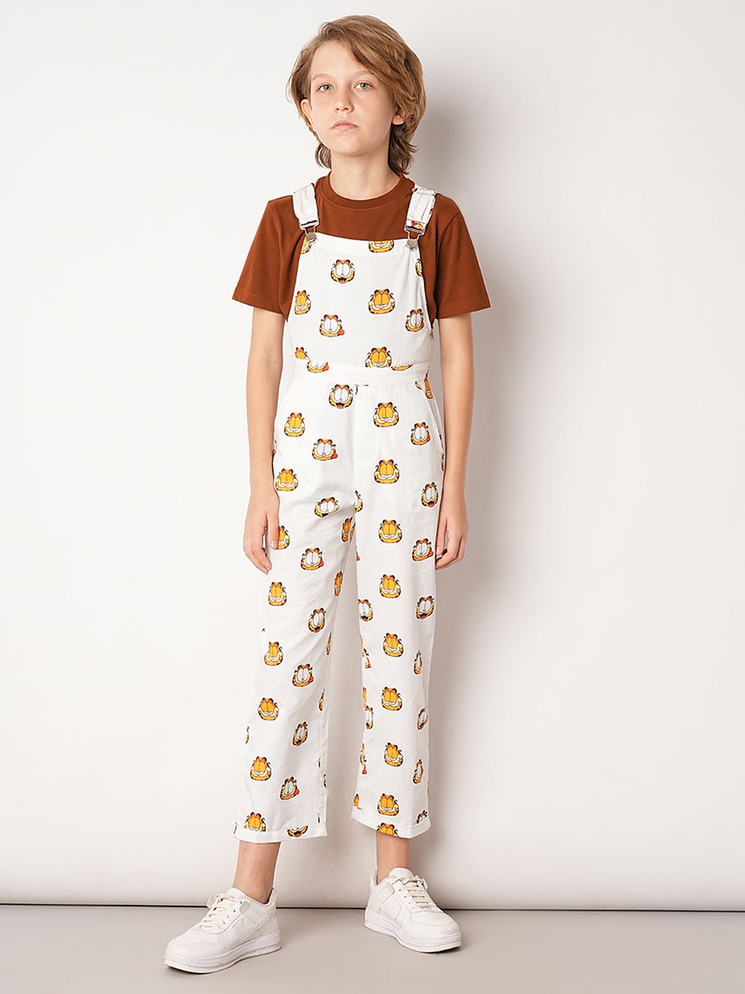 Boys White Garfield Print Dungaree