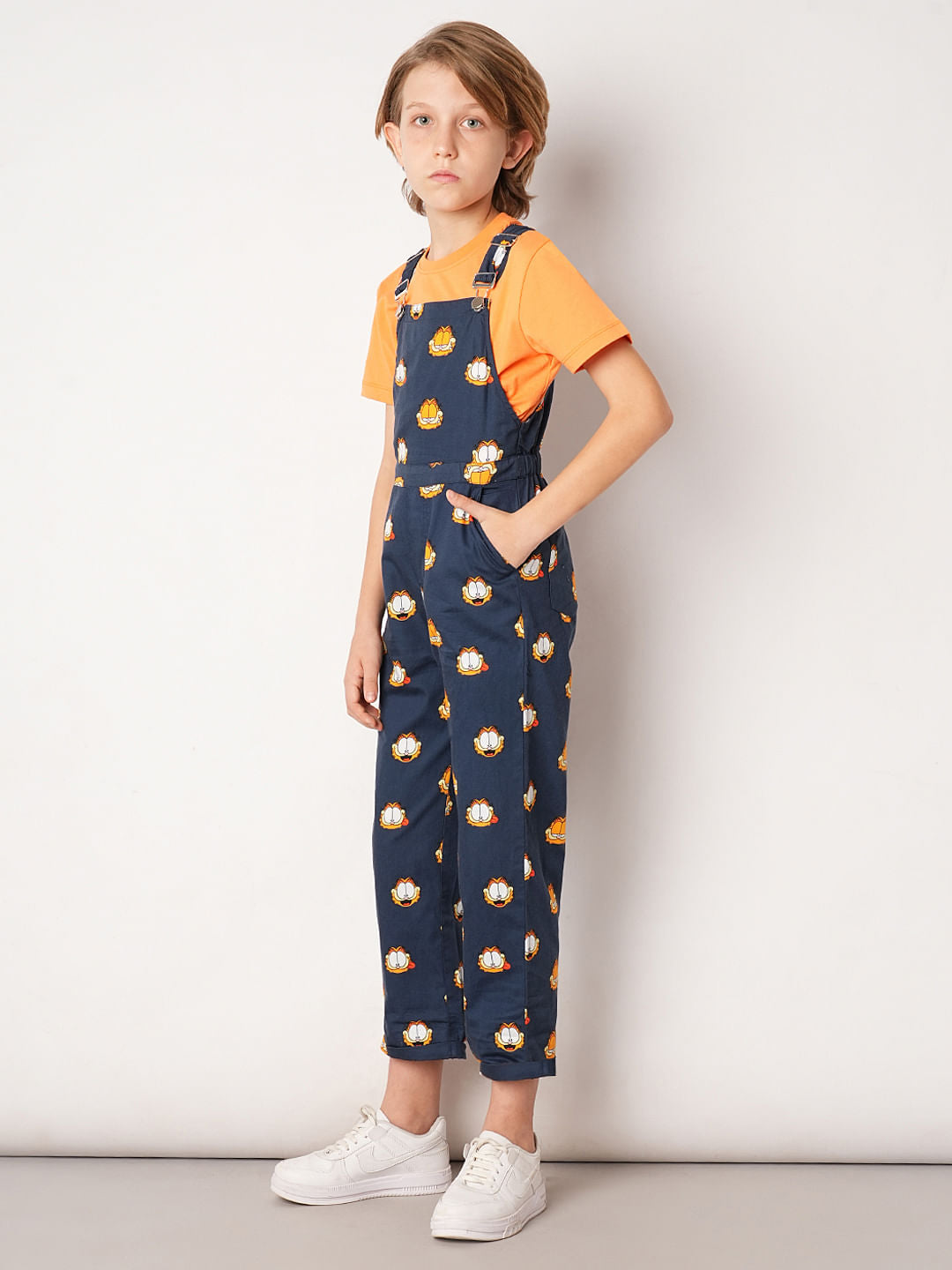 Boys Dark Blue Garfield Print Dungaree