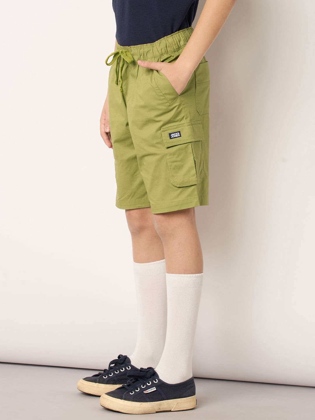 Boys Green Cotton Cargo Shorts