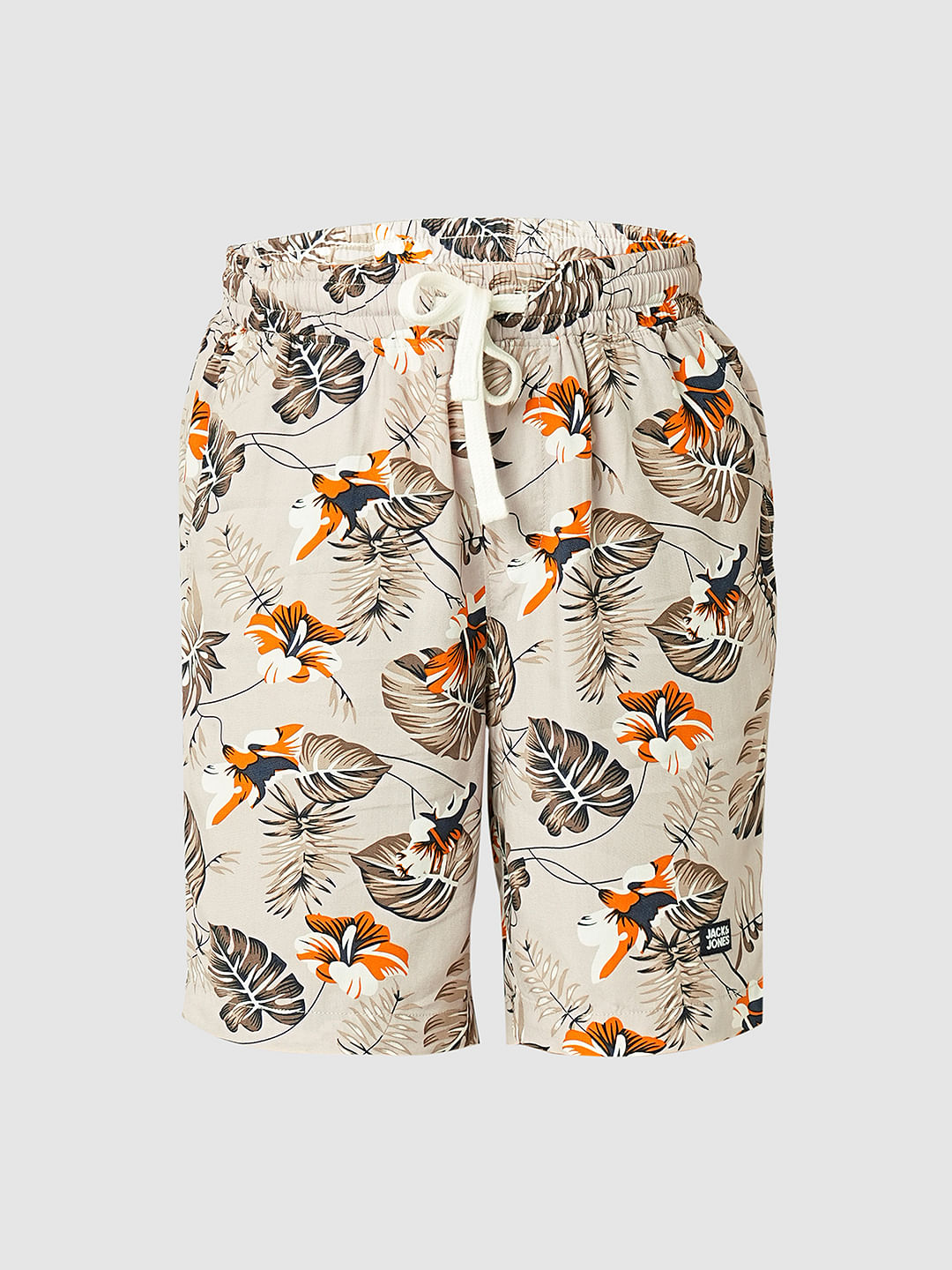 Beige Tropical Print Shorts