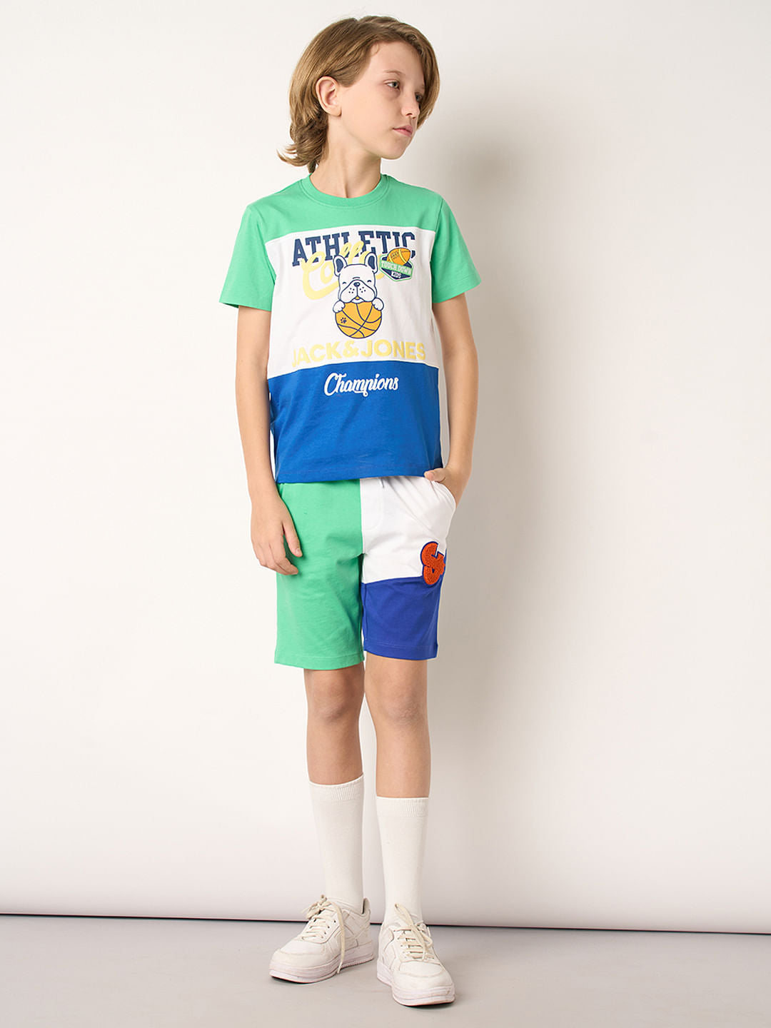 Boys Green Colourblocked Co-ord Set Shorts