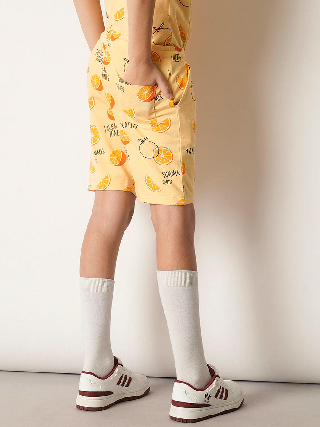 Boys Orange Fruits Print Co-ord Set Shorts